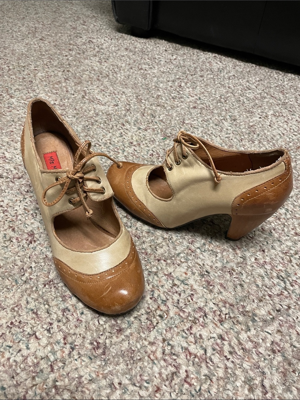 Miz mooz Vintage-Inspired Two-Tone Tan and Cream Lace-Up Heels